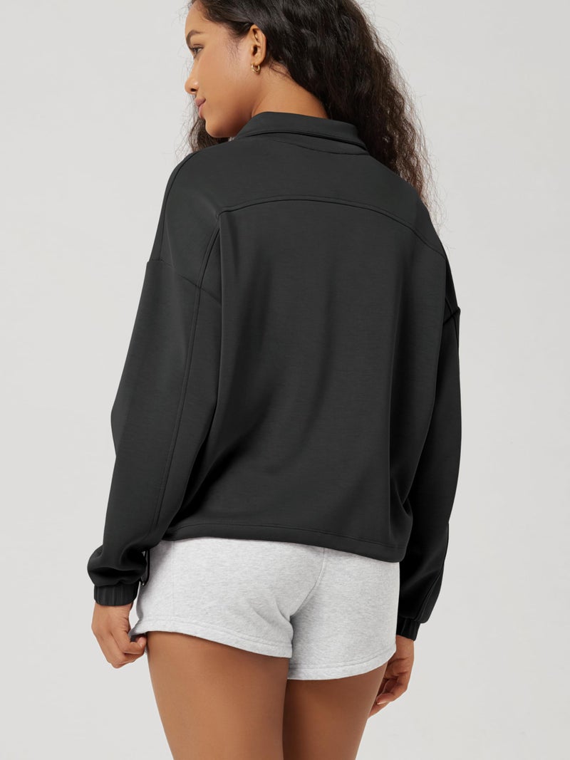 ODODOS Women's Modal Soft Cinchable Sweatshirts Half Zipper Funnel Neck Oversize Pullover with Pockets, Black, Small - Image 3