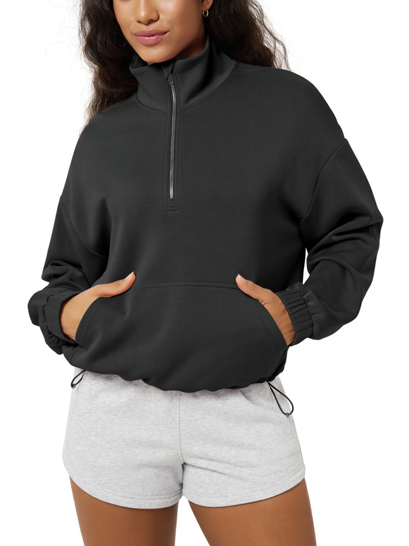 ODODOS Women's Modal Soft Cinchable Sweatshirts Half Zipper Funnel Neck Oversize Pullover with Pockets, Black, Small - Image 1