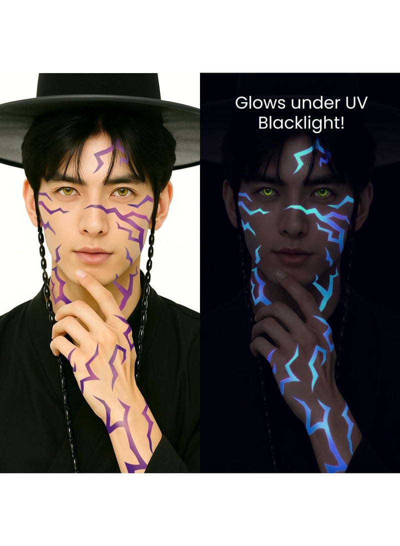 saykfoe 3 Sheets Kpop Temporary Tattoos for Kids, Purple Glowing Hunters Stickers Cosplay Accessories, Kids Demon Tattoos for Girls, Halloween Costumes Cosplay Accessories Fake Tattoos (Purple) - Image 4