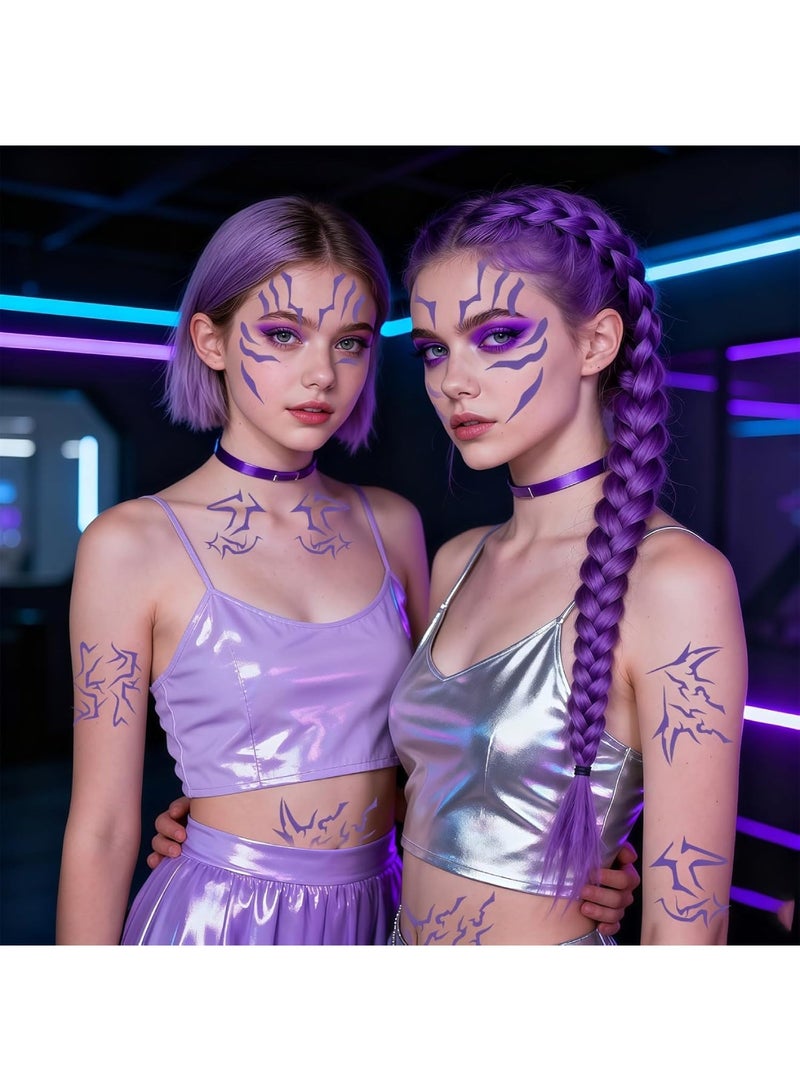 saykfoe 3 Sheets Kpop Temporary Tattoos for Kids, Purple Glowing Hunters Stickers Cosplay Accessories, Kids Demon Tattoos for Girls, Halloween Costumes Cosplay Accessories Fake Tattoos (Purple) - Image 3