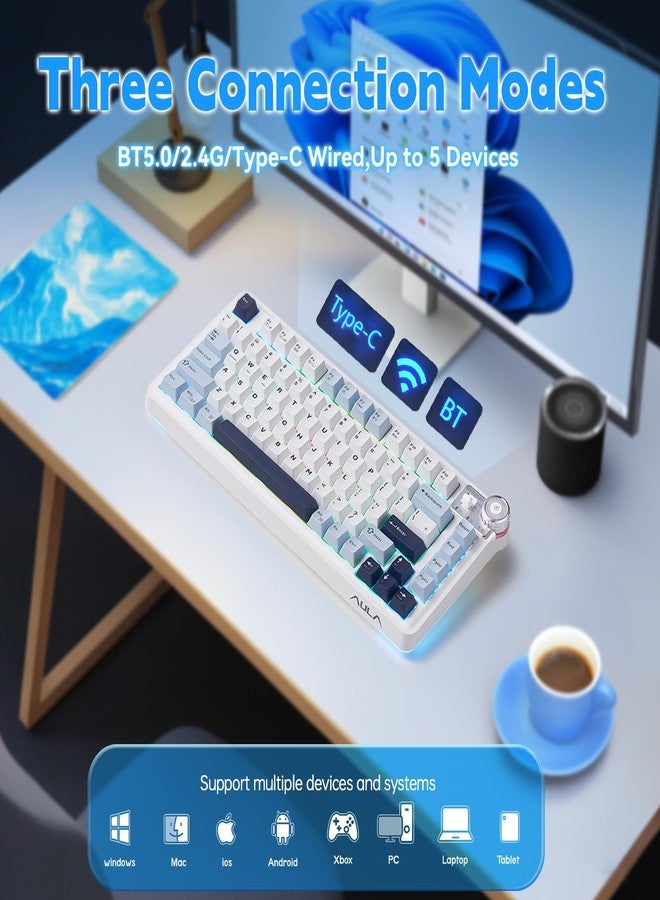 LEOBOG x Aula AU75 Wireless Keyboard, 81 Keys Gaming Keyboard with Knob, 3 Modes Bluetooth/2.4GHz/USB-C Mechanical Hot Swappable RGB Backlit Custom PBT Keycap for Windows/Mac - Blue - Image 5