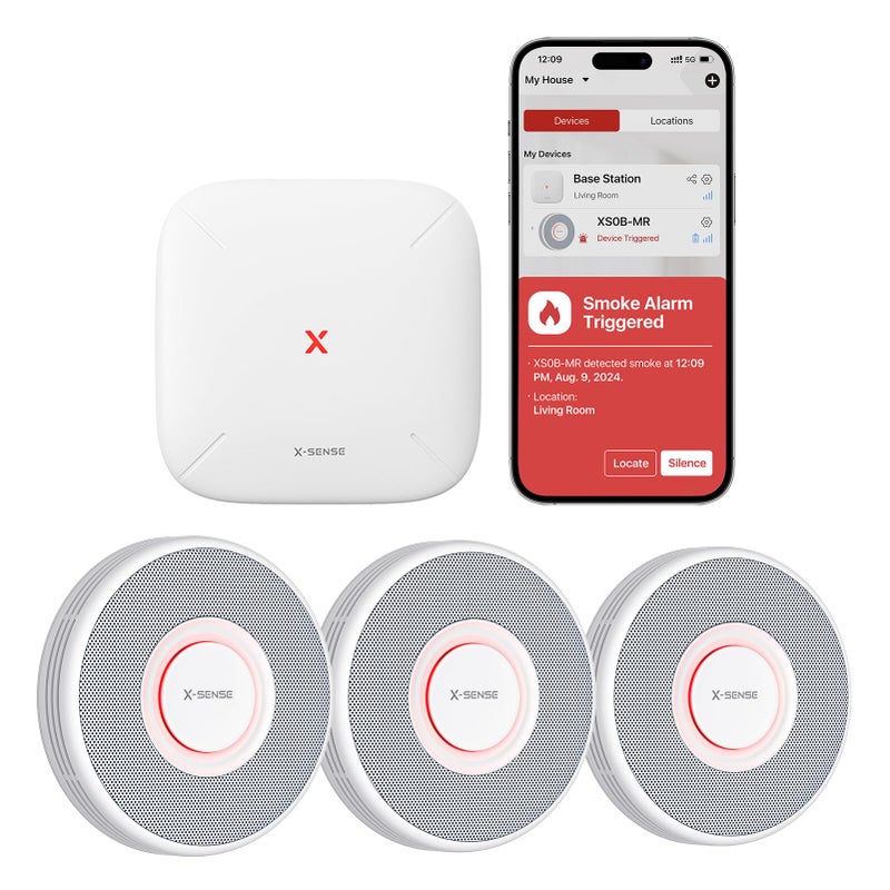 اكس سينس كاشف الدخان الذكي X-Sense مع تنبيهات صوتية و 17 موقعًا إنذار دخان Wi-Fi مع اختبار محطة SBS50 من App Model Wireless Interival Model XS0B-MR31 - Image 1