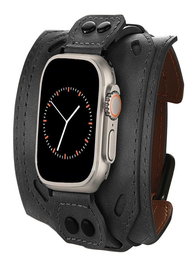 VIQIV Leather Band Compatible with Apple Watch 45mm for Men 44mm 42mm 41mm 40mm 38mm 46mm 49mm SE Bands Women, Cuff Bracelet Wide Sport Straps Wristband for Iwatch Series 10 9 8 7 6 5 4 3 SE SE2 Ultra 2 ,Black 44/45/46/49/42MM(Series 3 2 1) - Image 1