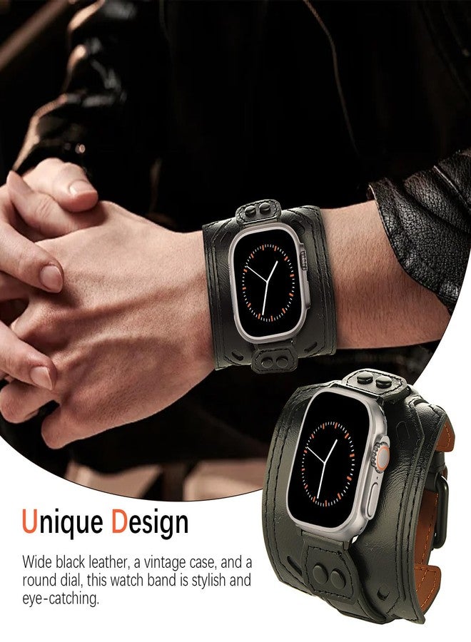 VIQIV Leather Band Compatible with Apple Watch 45mm for Men 44mm 42mm 41mm 40mm 38mm 46mm 49mm SE Bands Women, Cuff Bracelet Wide Sport Straps Wristband for Iwatch Series 10 9 8 7 6 5 4 3 SE SE2 Ultra 2 ,Black 44/45/46/49/42MM(Series 3 2 1) - Image 2