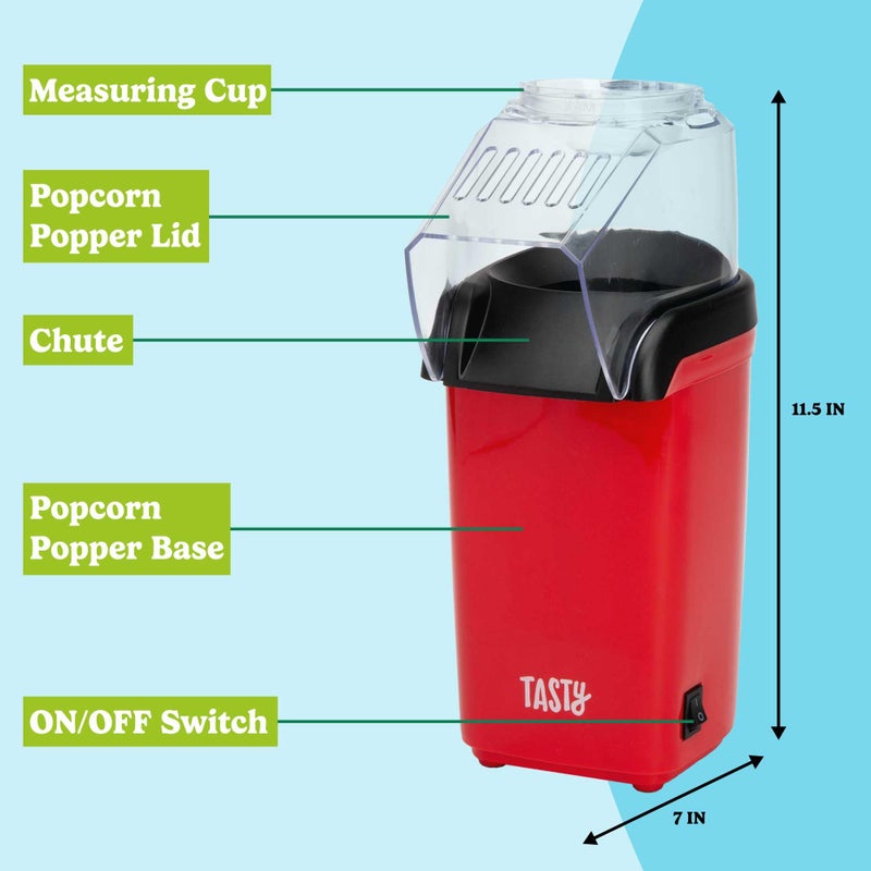 Tasty Hot Air Popcorn Popper, Healthy and Delicious Popcorn in Minutes, Fast and Easy-to-Use, Built-In Measuring Cup and Butter Warmer, 8 Cups, Red - Image 4