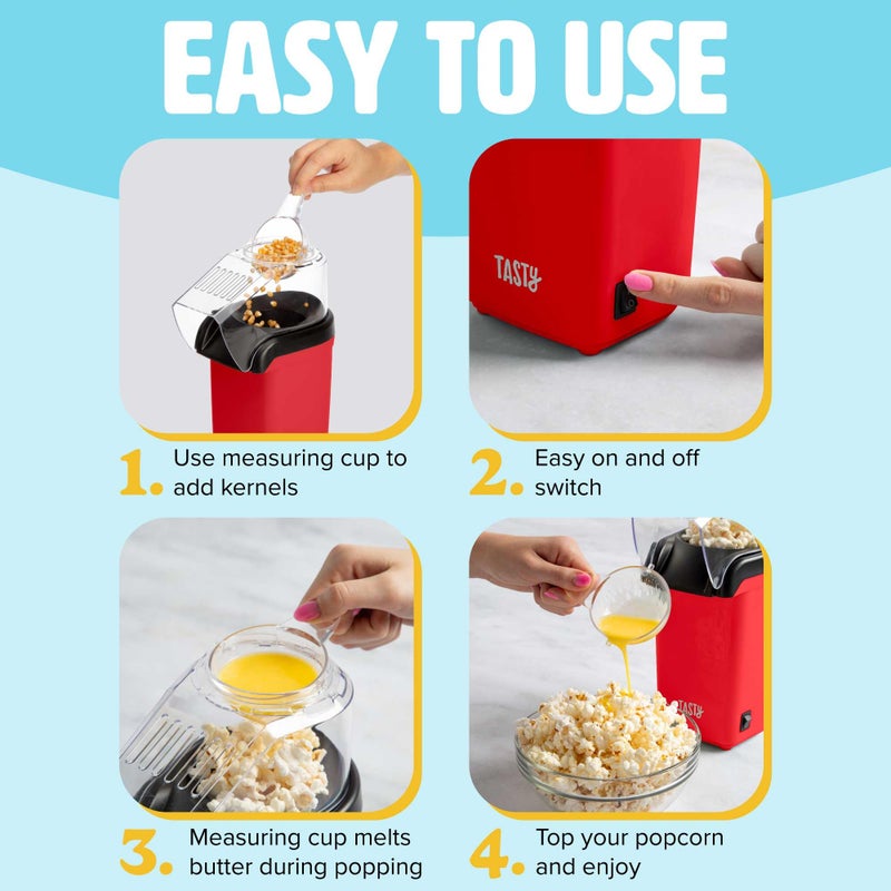 Tasty Hot Air Popcorn Popper, Healthy and Delicious Popcorn in Minutes, Fast and Easy-to-Use, Built-In Measuring Cup and Butter Warmer, 8 Cups, Red - Image 3