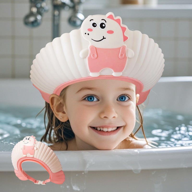 TinyGuardian Baby Shower Cap Shield, Shower Cap for Kids, Visor Hat for Eye and Ear Protection for 0-9 Years Old Children, Cute Little Dinosaur Shape Makes The Baby Bath More Fun (Pink) - Image 1
