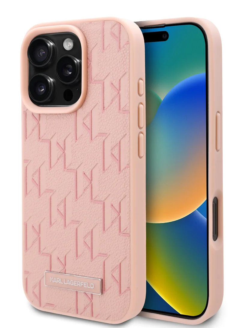 Karl Lagerfeld iPhone 16 Pro Case PU Hard Cover with Karl Lagerfeld Hot Stamp / Damage and Scratch Protection/ Comfortable Grip - Pink
