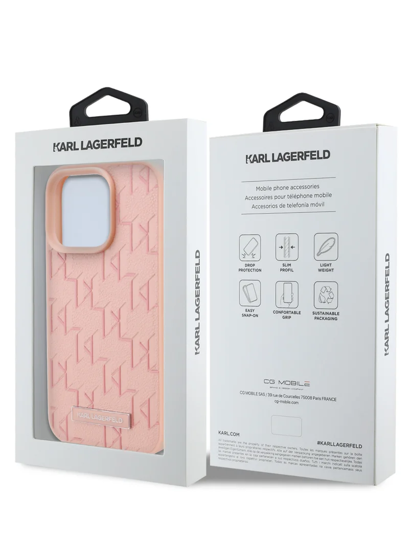 Karl Lagerfeld iPhone 16 Pro Case PU Hard Cover with Karl Lagerfeld Hot Stamp / Damage and Scratch Protection/ Comfortable Grip - Pink