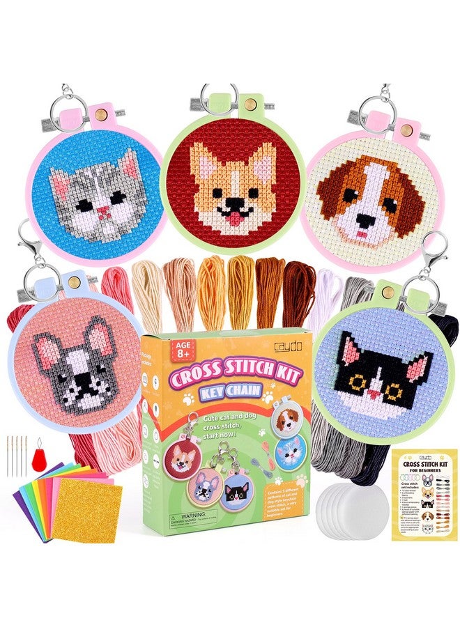 Caydo 5 Pcs Cross Stitch Kits For Kids With Cats And Dogs Patterns Stamped Cross Stitch Kits For Beginners Diy Key Chain, Backpack Charms, Craft Ornaments - Image 1