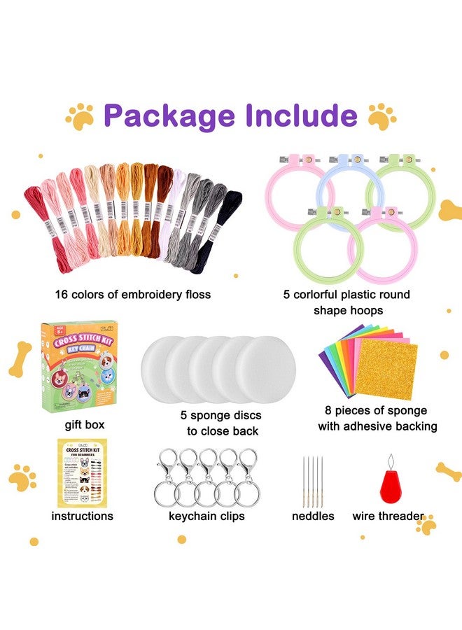 Caydo 5 Pcs Cross Stitch Kits For Kids With Cats And Dogs Patterns Stamped Cross Stitch Kits For Beginners Diy Key Chain, Backpack Charms, Craft Ornaments - Image 2
