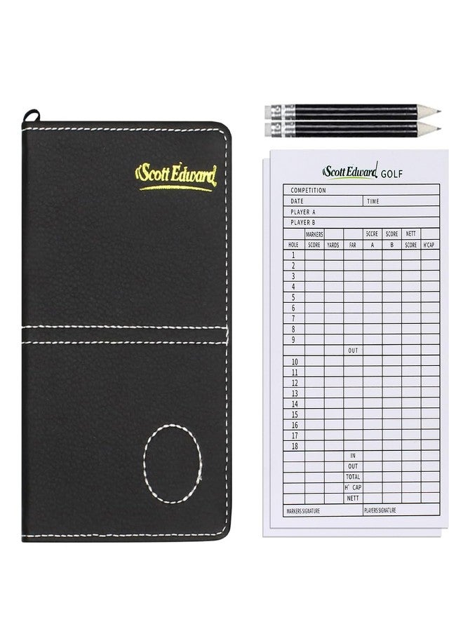 Scott Edward Golf Scorecard Cover Leather Scorecard Holder Statistic and Score Tracking Waterproof Soft Thick Black or Grey (Black) - Image 1