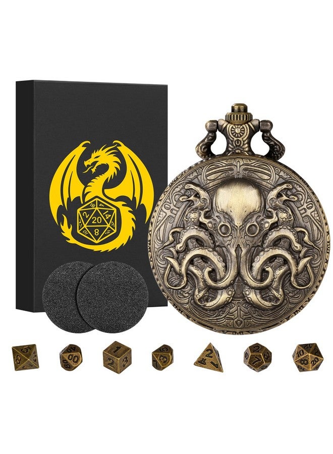 Keller & Weber Mini DND Dice Set with Steampunk Double Eyed Octopus Pocket Watch Case, Tiny 7PCS Polyhedral Metal D&D Dice, DND Gifts with Gift Box, Role Playing Game Board Game Accessories Dice, Bronze  - Image 1
