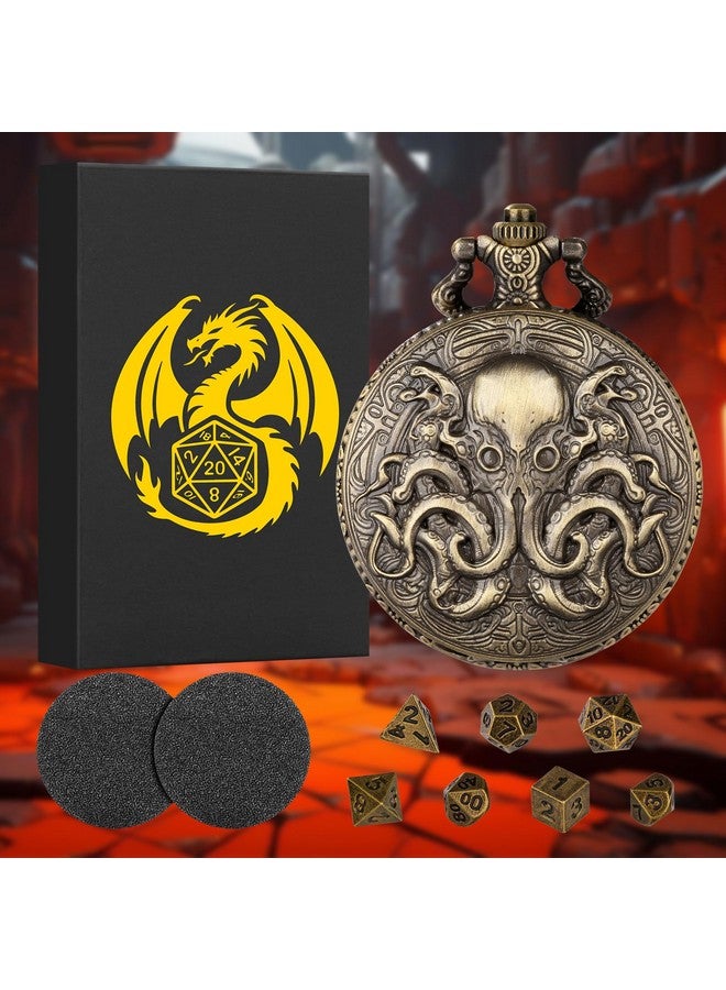 Keller & Weber Mini DND Dice Set with Steampunk Double Eyed Octopus Pocket Watch Case, Tiny 7PCS Polyhedral Metal D&D Dice, DND Gifts with Gift Box, Role Playing Game Board Game Accessories Dice, Bronze  - Image 2