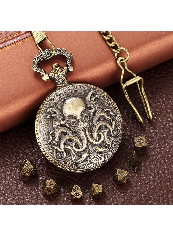 Keller & Weber Mini DND Dice Set with Steampunk Double Eyed Octopus Pocket Watch Case, Tiny 7PCS Polyhedral Metal D&D Dice, DND Gifts with Gift Box, Role Playing Game Board Game Accessories Dice, Bronze  - Image 5