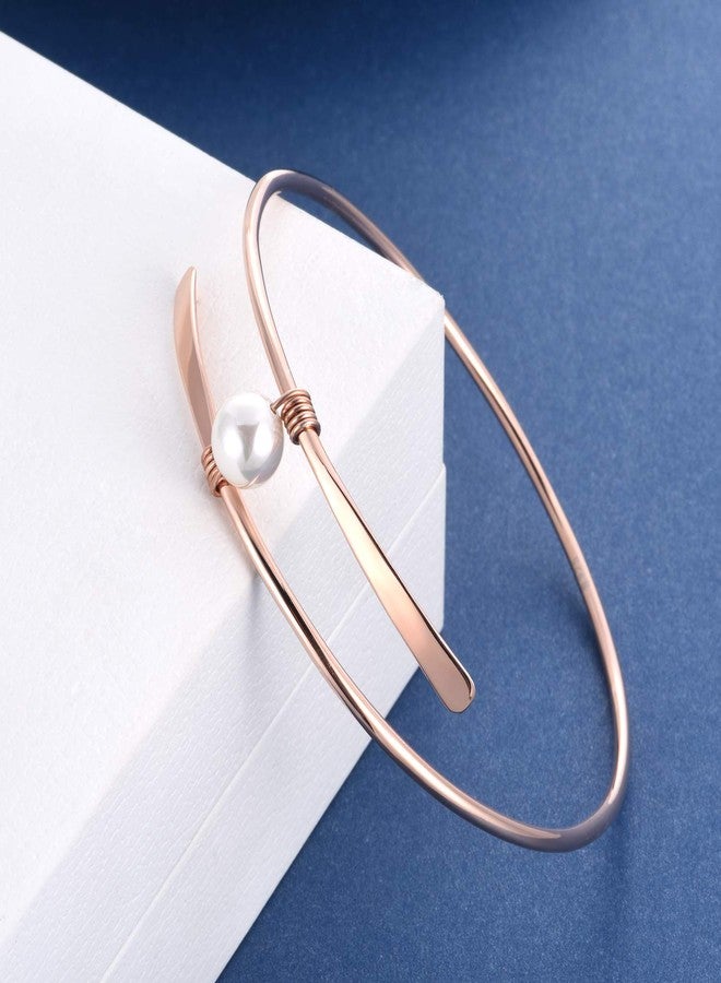 POPLYKE Sterling Silver 18K Rose Gold Plated Single Freshwater Pearl Bangle Bracelets Wedding Bridesmaids for Women Mom (18k rose gold bangle) - Image 2