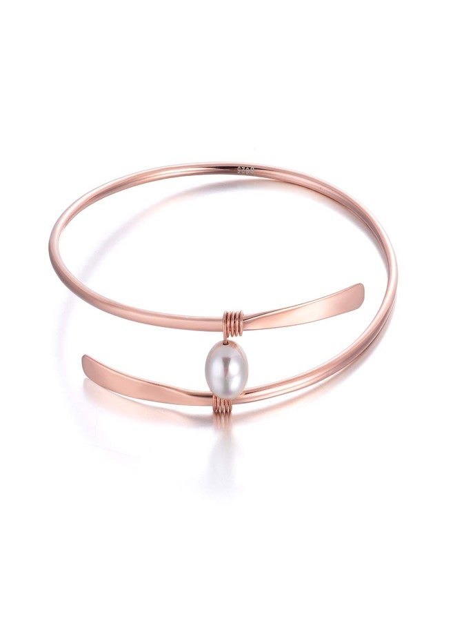 POPLYKE Sterling Silver 18K Rose Gold Plated Single Freshwater Pearl Bangle Bracelets Wedding Bridesmaids for Women Mom (18k rose gold bangle) - Image 1