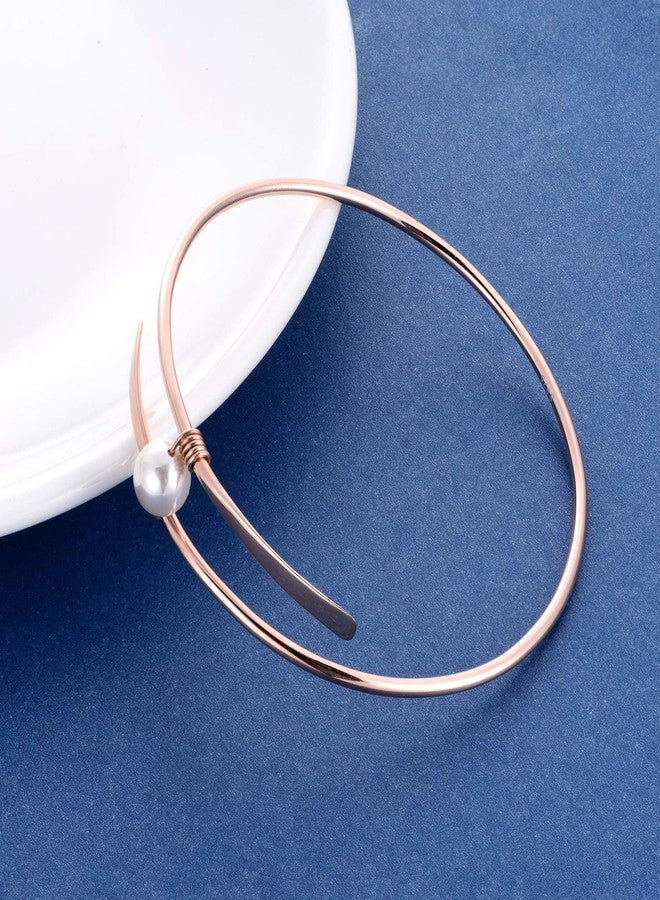 POPLYKE Sterling Silver 18K Rose Gold Plated Single Freshwater Pearl Bangle Bracelets Wedding Bridesmaids for Women Mom (18k rose gold bangle) - Image 3