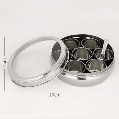 KC Stainless Steel Masala Dabba | Masala Box For Kitchen | Masala Dani | With 7 Spice Storage Container (Belly Shape, Glass Lid, 1500Ml), Silver - Image 3