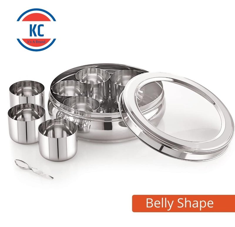 KC Stainless Steel Masala Dabba | Masala Box For Kitchen | Masala Dani | With 7 Spice Storage Container (Belly Shape, Glass Lid, 1500Ml), Silver - Image 2