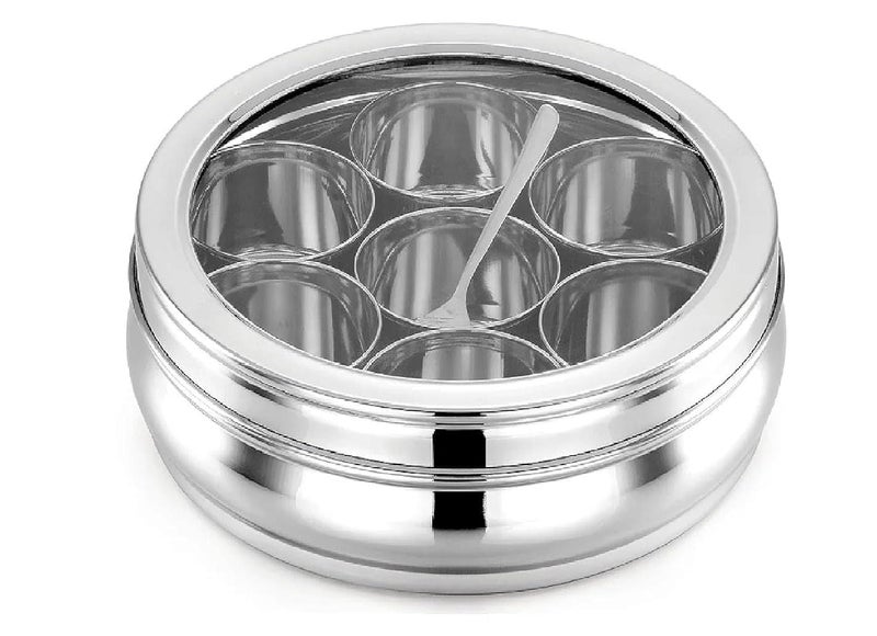 KC Stainless Steel Masala Dabba | Masala Box For Kitchen | Masala Dani | With 7 Spice Storage Container (Belly Shape, Glass Lid, 1500Ml), Silver - Image 4