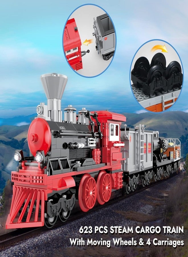 icw Steam Train Building Set, 623 Pieces, Classic Red and Black Locomotive with Cargo Cars, 4202 - Image 4