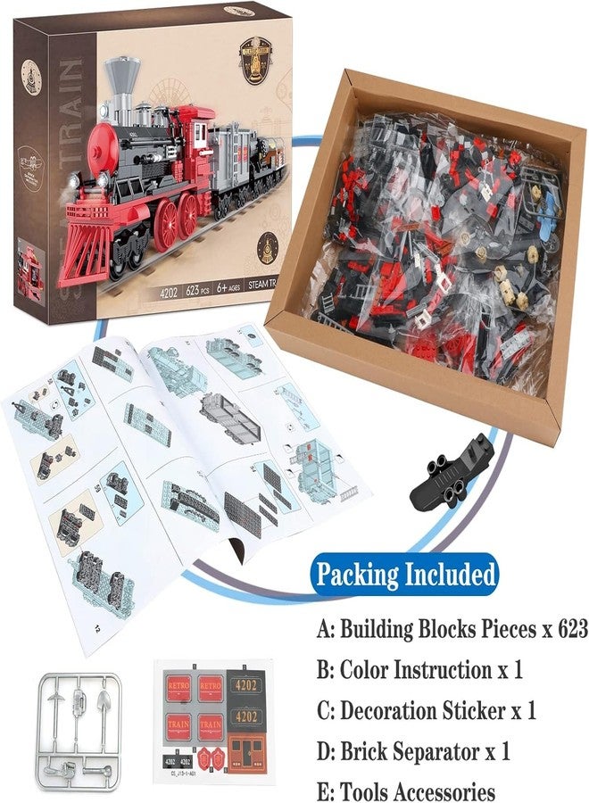 icw Steam Train Building Set, 623 Pieces, Classic Red and Black Locomotive with Cargo Cars, 4202 - Image 3