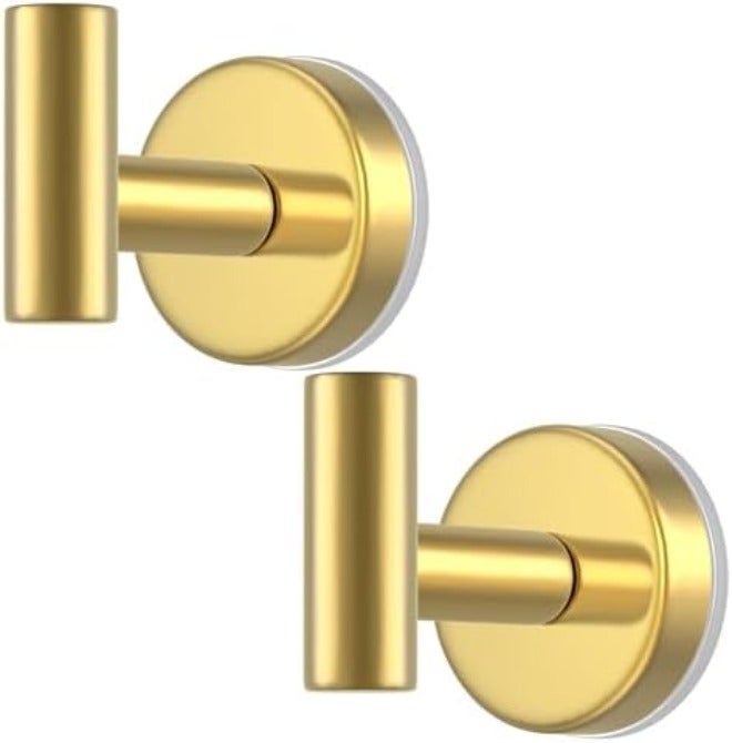 Gold Stainless Steel Wall Hooks, Heavy Duty Self-Adhesive Hooks for Coats, Towels, Robes, Hats, Aprons – No Drill Bathroom, Kitchen, Hotel (2  Pack)