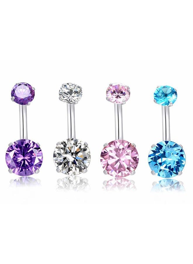 HQLA 14G Belly Button Rings Surgical Stainless Steel Round Cubic Zirconia Navel Barbell Stud Body Piercing (4Pcs(Clear+Pink+Purple+Blue)) - Image 1