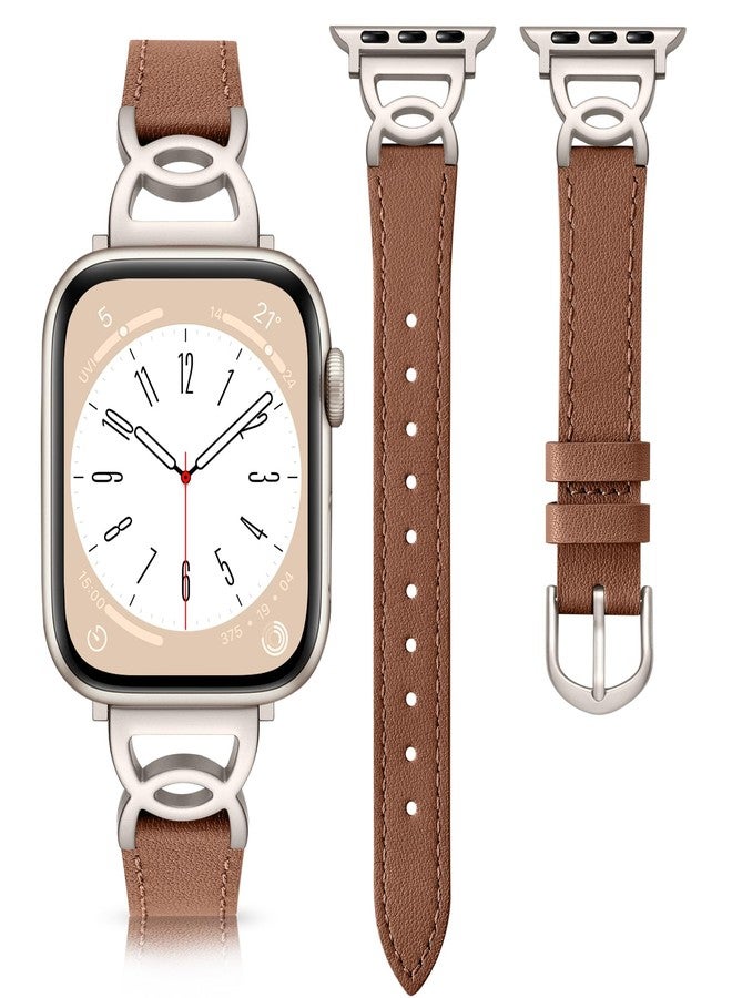 DaQin Slim Leather Band Compatible with Apple Watch Bands for Women 40mm 38mm 41mm 42mm, Dressy Leather Strap with Designer DC-shaped Buckle for iWatch Bands Series 11 10 9 8 7 6 5 4 3 2 1 SE,Brown - Image 1