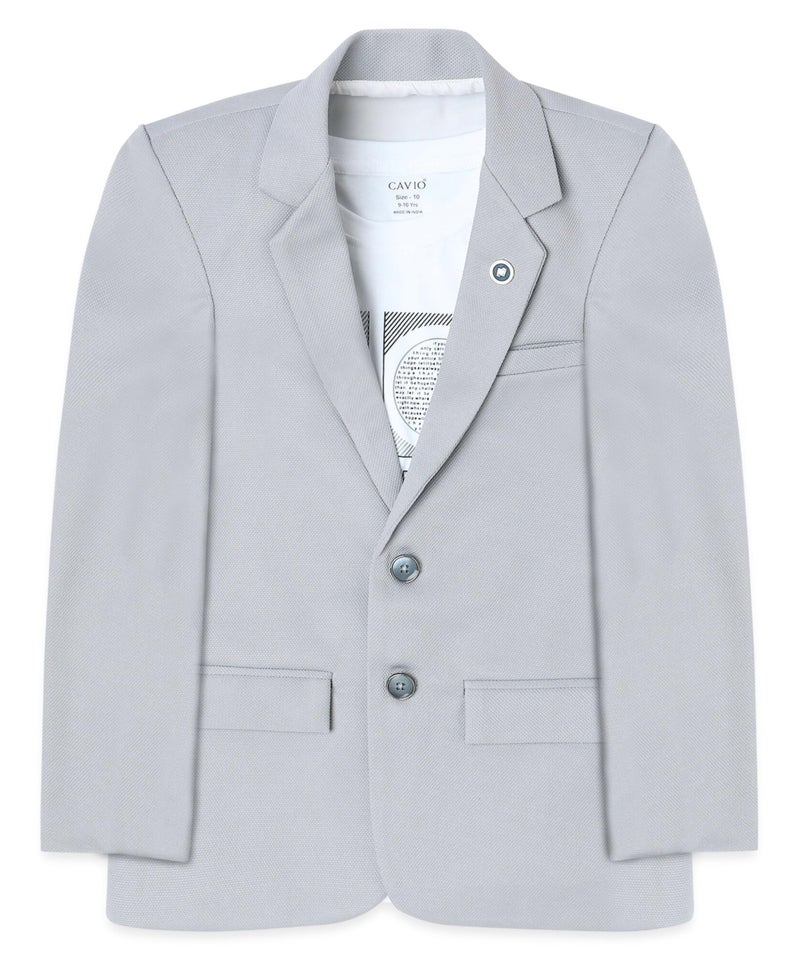 CAVIO Boys Grey Regular Fit Solid Cotton Blazer and T-Shirt - Image 1