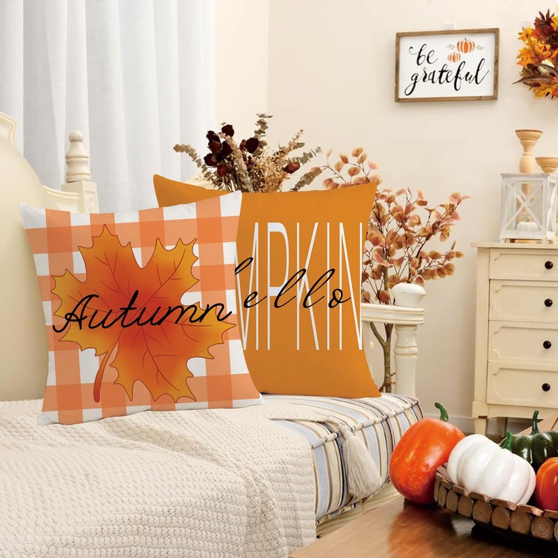 Mimkus Hello Pumpkin Fall Throw Pillow Covers 18x18 Set of 4 Give Thanks Autumn Pillow Case Fall Thanksgiving Harvest Maple Leaves Cushion Cases for Home Decor - Image 2
