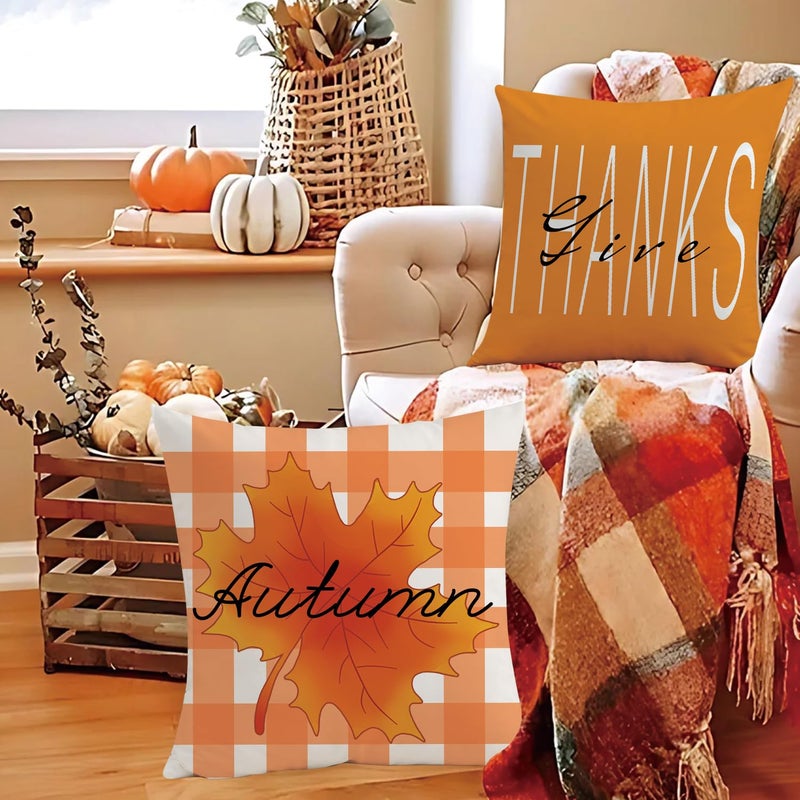 Mimkus Hello Pumpkin Fall Throw Pillow Covers 18x18 Set of 4 Give Thanks Autumn Pillow Case Fall Thanksgiving Harvest Maple Leaves Cushion Cases for Home Decor - Image 5