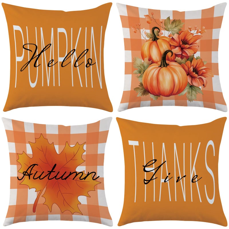 Mimkus Hello Pumpkin Fall Throw Pillow Covers 18x18 Set of 4 Give Thanks Autumn Pillow Case Fall Thanksgiving Harvest Maple Leaves Cushion Cases for Home Decor - Image 1