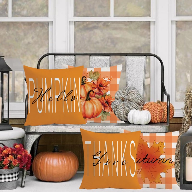 Mimkus Hello Pumpkin Fall Throw Pillow Covers 18x18 Set of 4 Give Thanks Autumn Pillow Case Fall Thanksgiving Harvest Maple Leaves Cushion Cases for Home Decor - Image 4