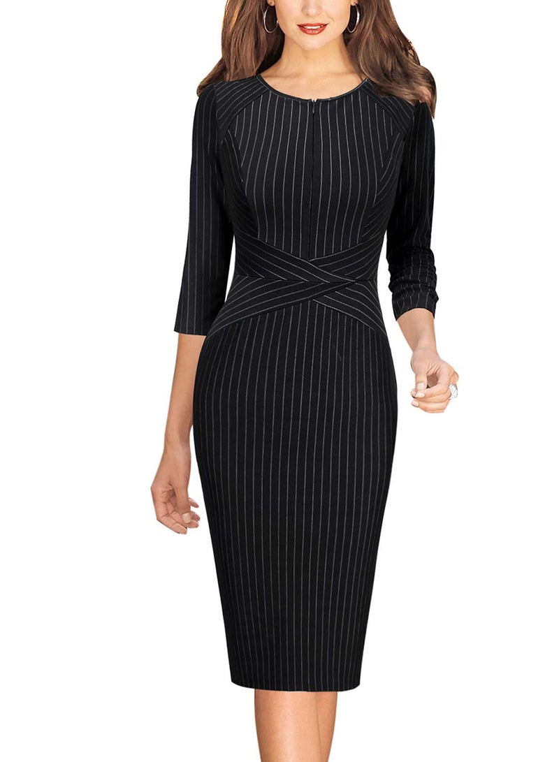 VFSHOW Womens Black and White Striped Spring Fall Slim Zipper Up Work Business Office Party Bodycon Pencil Sheath Dress 7121 BLK XL - Image 2