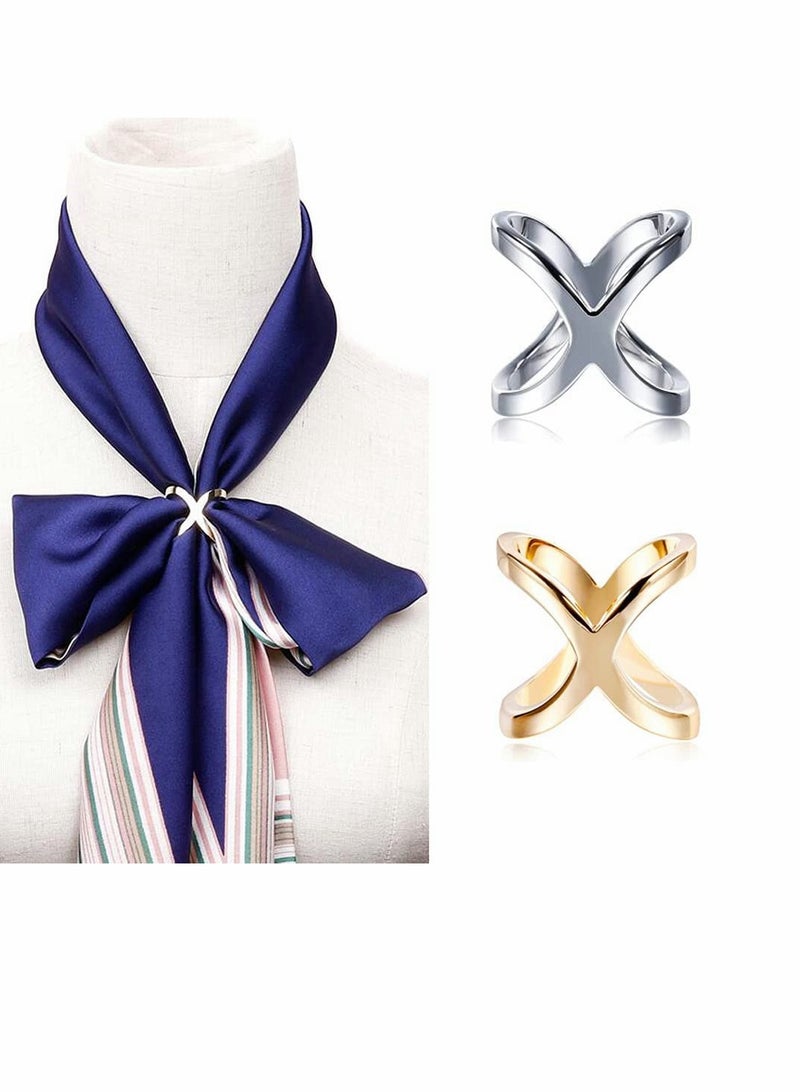 Excefore Fashion Scarf Ring Buckle Simple Modern Scarf X Shaped Clamp Clasp Clips Clothing Wrap Holder Decoration Accessories for Neckerchief Shawl (Gold+Silver) 2Pcs - Image 1