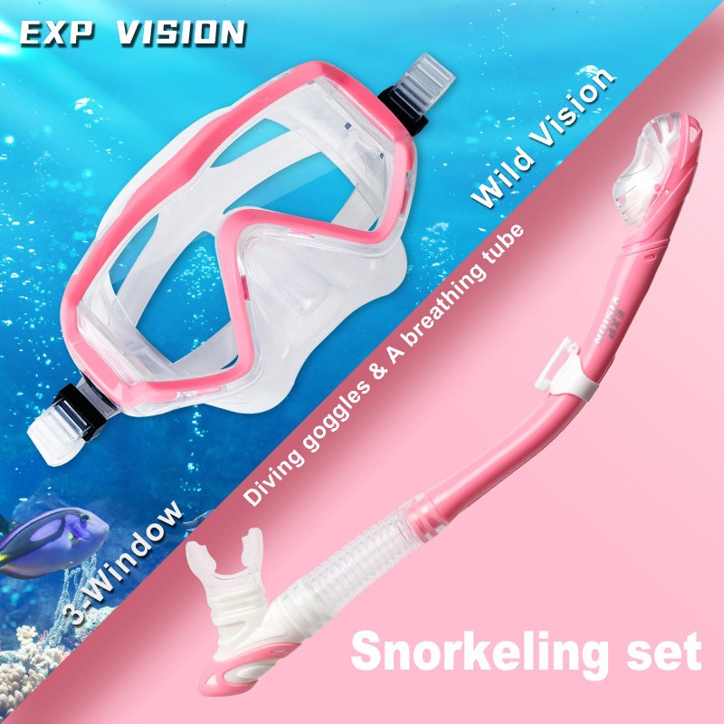 EXP VISION طقم سنوركل بانو 3 نوافذ لسنوركلينغ البالغين، نظارات سنوركل احترافية مضادة للضباب، قناع غوص مضاد للتسرب ونظارات سباحة وقمة جافة للسنوركلينغ، الغوص، السباحة (وردي) - Image 4