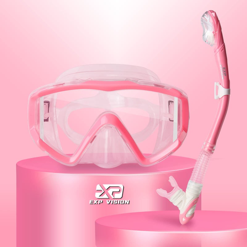 EXP VISION طقم سنوركل بانو 3 نوافذ لسنوركلينغ البالغين، نظارات سنوركل احترافية مضادة للضباب، قناع غوص مضاد للتسرب ونظارات سباحة وقمة جافة للسنوركلينغ، الغوص، السباحة (وردي) - Image 1
