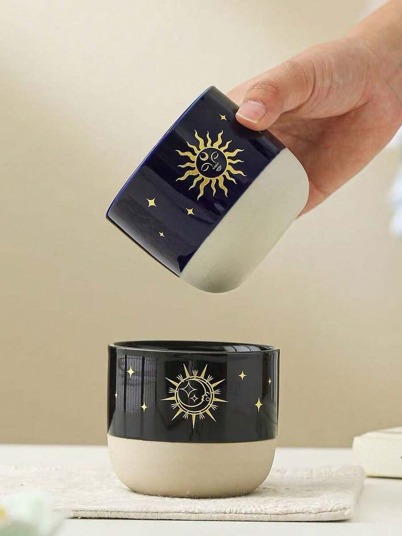 Vintage Ceramic Coffee Mug with Gold Rim, Sun-Moon-Star Design - Saudi Coffee Cup, Handmade Stoneware, Dual-Tone Color, Mysterious Zodiac Style, Perfect for Espresso, Latte, Cappuccino, Afternoon Tea, Desk Decor, Saudi National Day Gift, 1 Piece - Black - Image 2