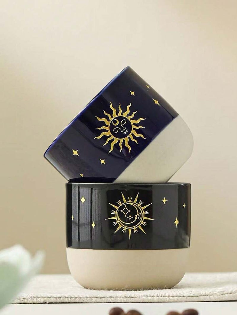 Vintage Ceramic Coffee Mug with Gold Rim, Sun-Moon-Star Design - Saudi Coffee Cup, Handmade Stoneware, Dual-Tone Color, Mysterious Zodiac Style, Perfect for Espresso, Latte, Cappuccino, Afternoon Tea, Desk Decor, Saudi National Day Gift, 1 Piece - Black - Image 4