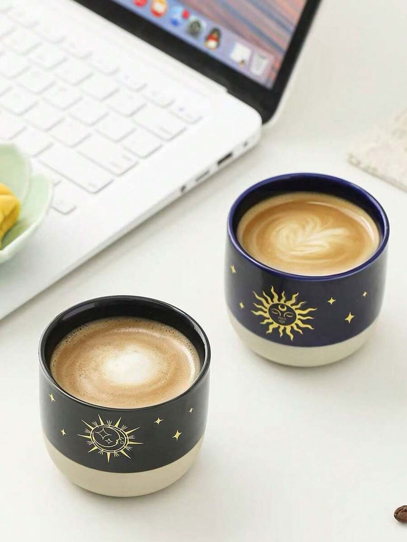Vintage Ceramic Coffee Mug with Gold Rim, Sun-Moon-Star Design - Saudi Coffee Cup, Handmade Stoneware, Dual-Tone Color, Mysterious Zodiac Style, Perfect for Espresso, Latte, Cappuccino, Afternoon Tea, Desk Decor, Saudi National Day Gift, 1 Piece - Black - Image 3