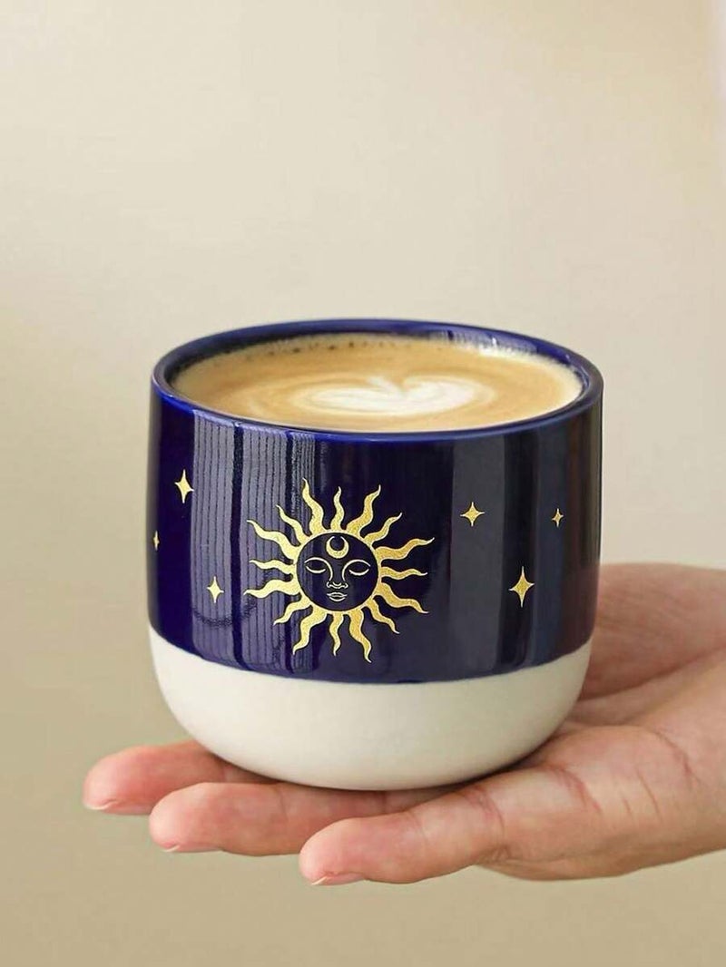 Vintage Ceramic Coffee Mug with Gold Rim, Sun-Moon-Star Design - Saudi Coffee Cup, Handmade Stoneware, Dual-Tone Color, Mysterious Zodiac Style, Perfect for Espresso, Latte, Cappuccino, Afternoon Tea, Desk Decor, Saudi National Day Gift, 1 Piece - Black - Image 5