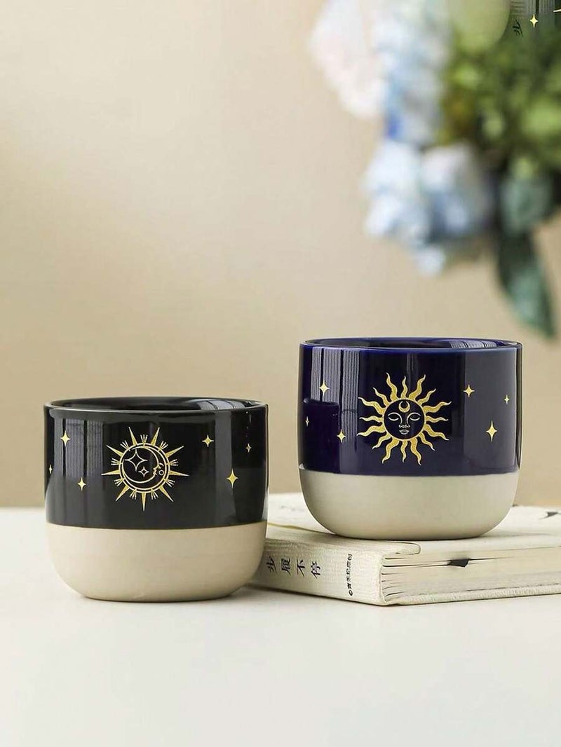 Vintage Ceramic Coffee Mug with Gold Rim, Sun-Moon-Star Design - Saudi Coffee Cup, Handmade Stoneware, Dual-Tone Color, Mysterious Zodiac Style, Perfect for Espresso, Latte, Cappuccino, Afternoon Tea, Desk Decor, Saudi National Day Gift, 1 Piece - Black - Image 1
