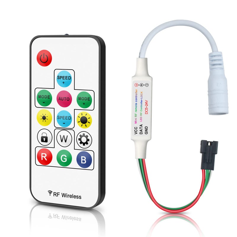 RGBZONE RF 3-PIN LED Controller, RF Wireless Remote Control, DC 5V/12V/24V Mini LED Controller for WS2812 WS2811LED Strip Light (14 Key) - Image 1
