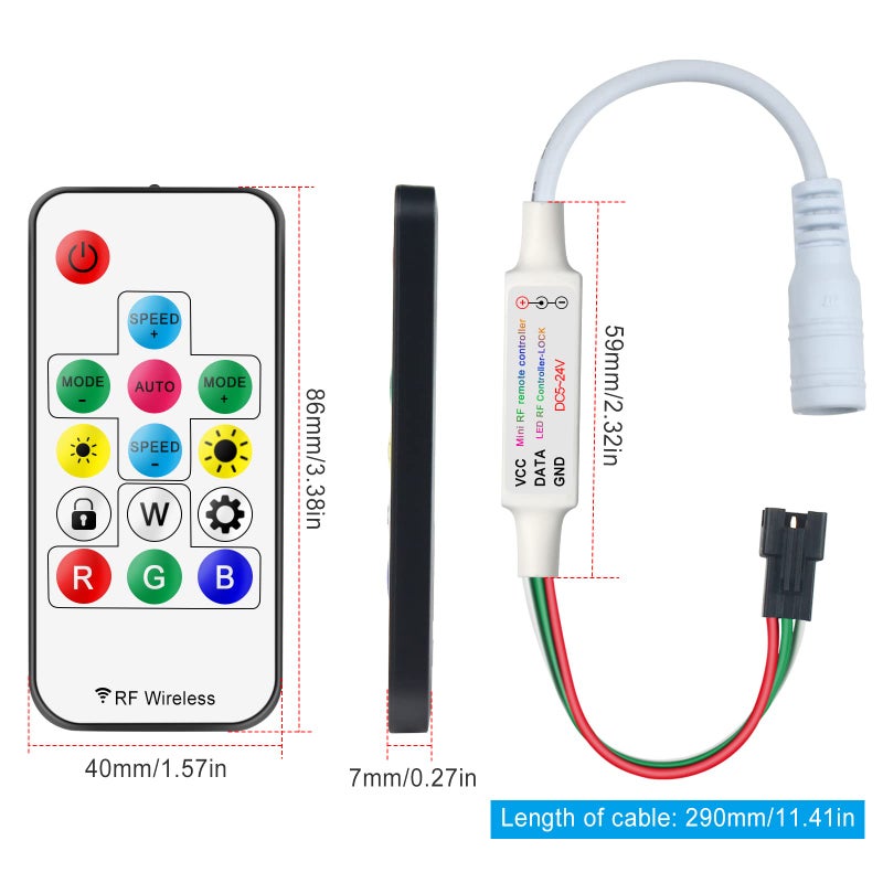 RGBZONE RF 3-PIN LED Controller, RF Wireless Remote Control, DC 5V/12V/24V Mini LED Controller for WS2812 WS2811LED Strip Light (14 Key) - Image 2