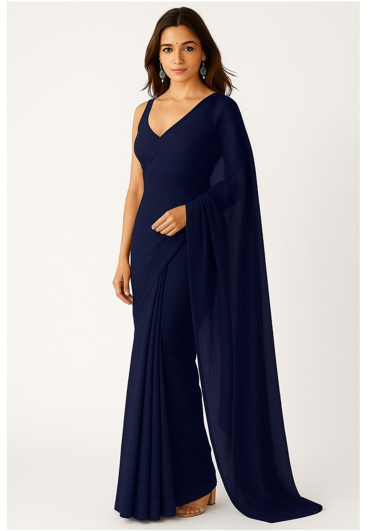 Accessorize Kingdom - Women's Plain Pure Georgette Saree With Unstitched Blouse Piece - Image 1