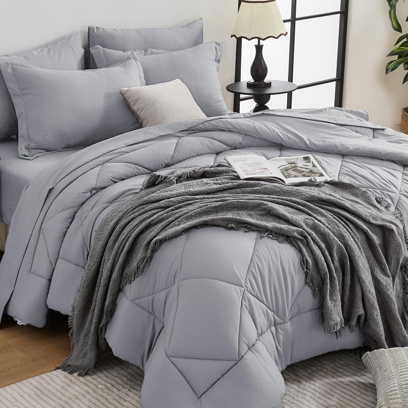 HEVUMYI Light Grey Queen Comforter Set - 7-Piece All Season Bed in a Bag Queen, Ultra Soft Bedding Set with Comforter, Flat Sheet, Fitted Sheet, Pillowcases, Pillow Shams, Light Gray - Image 1