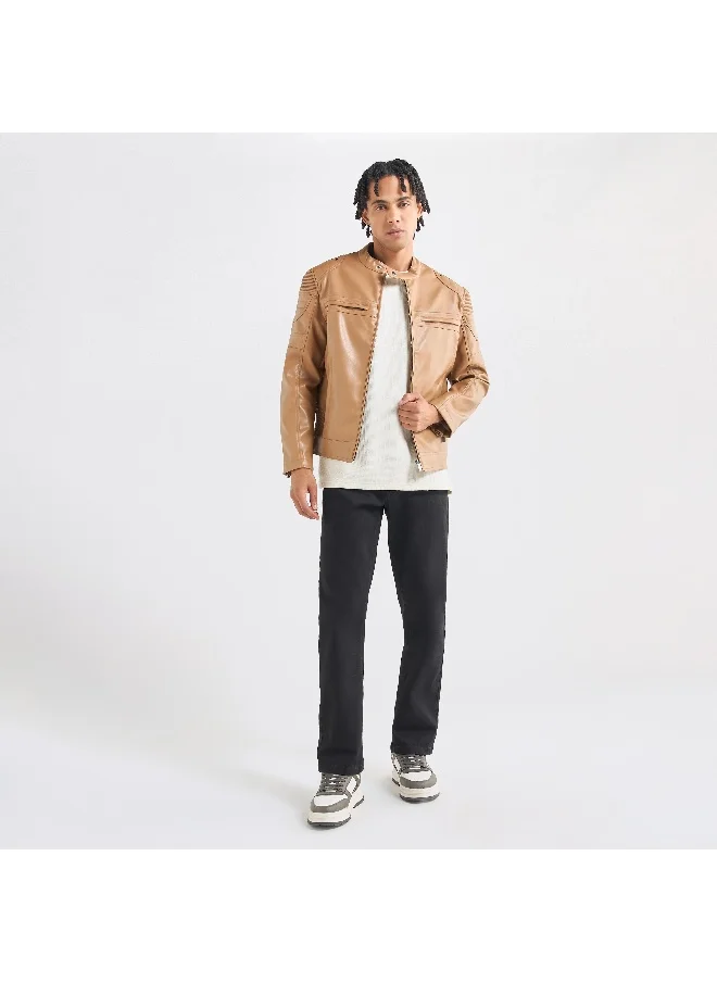 FAV Solid Biker Jacket with Long Sleeves and Pockets