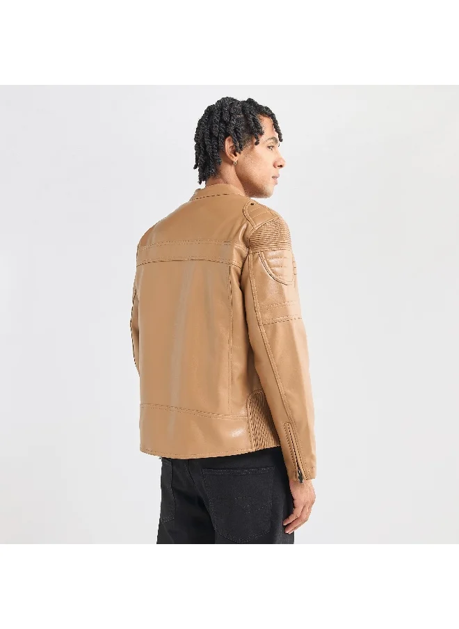 FAV Solid Biker Jacket with Long Sleeves and Pockets